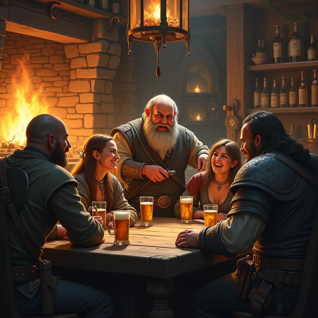 Adventurers Gather in a Lively Medieval Tavern