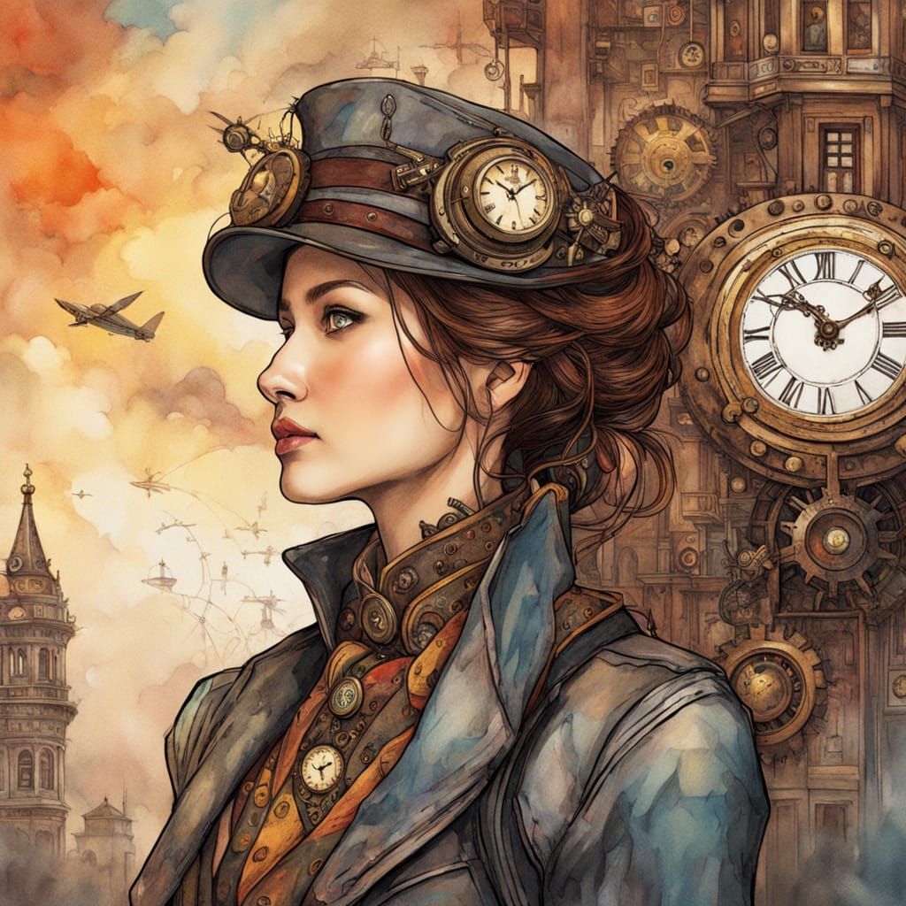 Steampunk Time Voyager in Watercolor Style