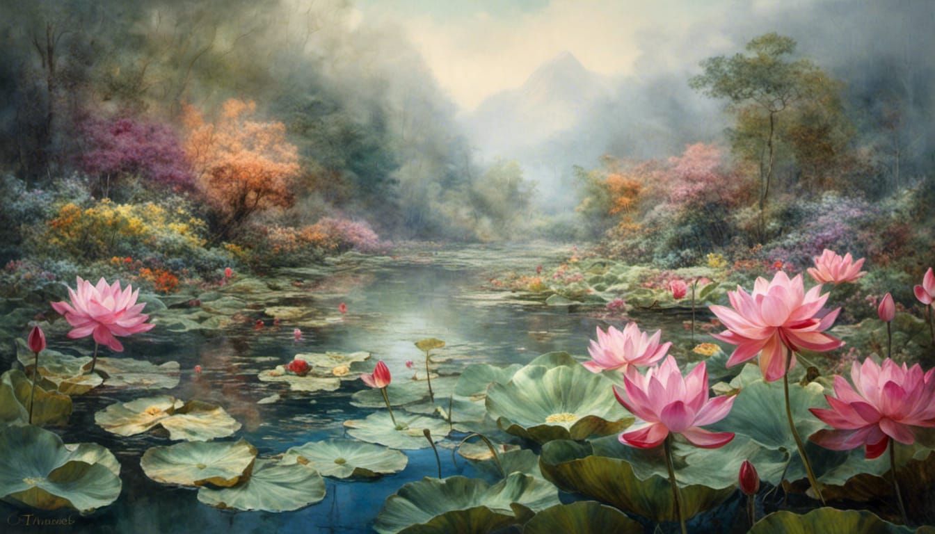 Lotus Pond Watercolor in Ethereal Fantasy Style