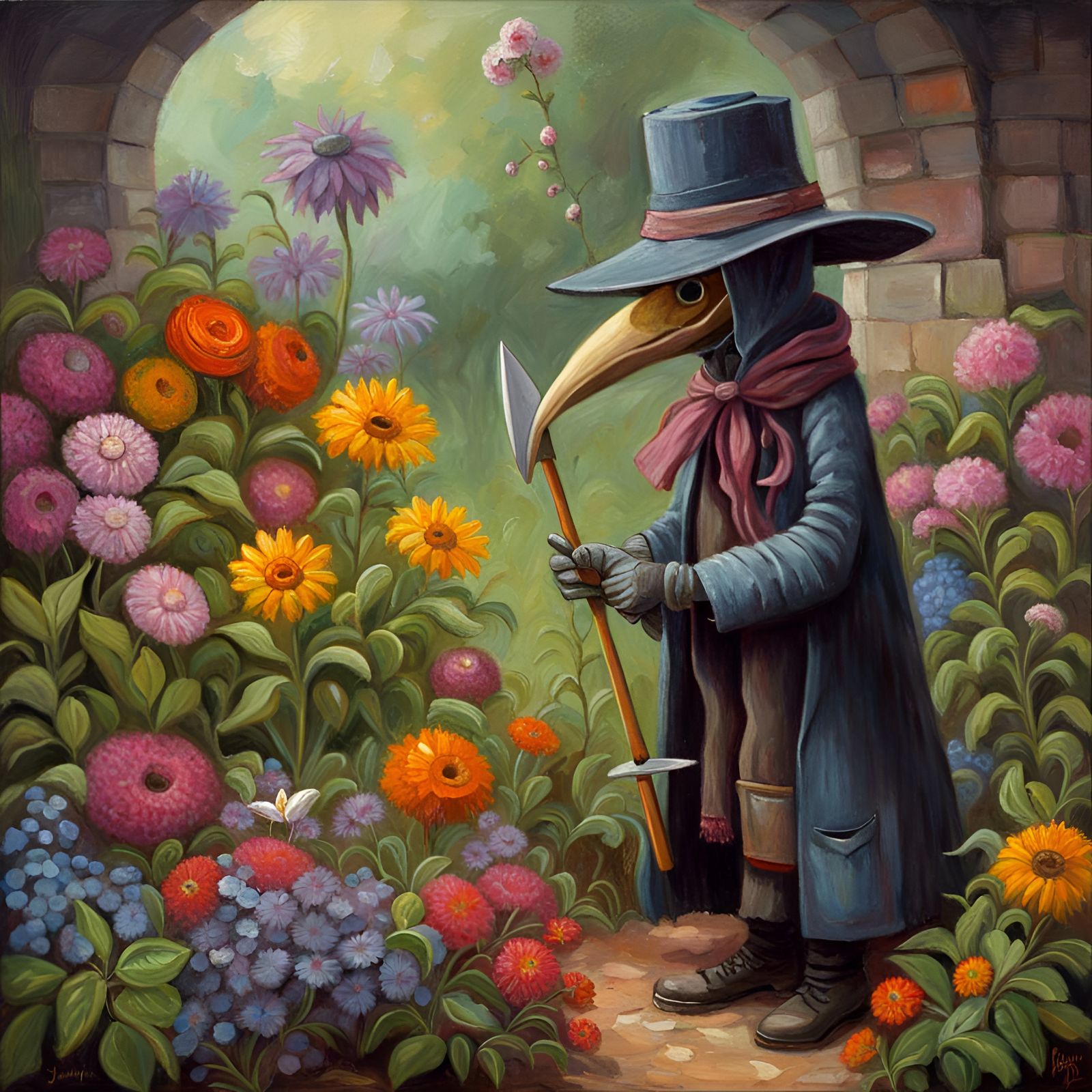 Cute Plague Doctor Gardening as Oil Painting
