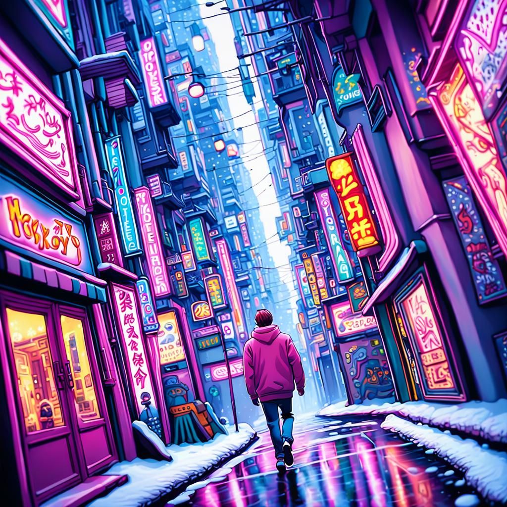 Anime Man Walking in Snowy Tokyo Street