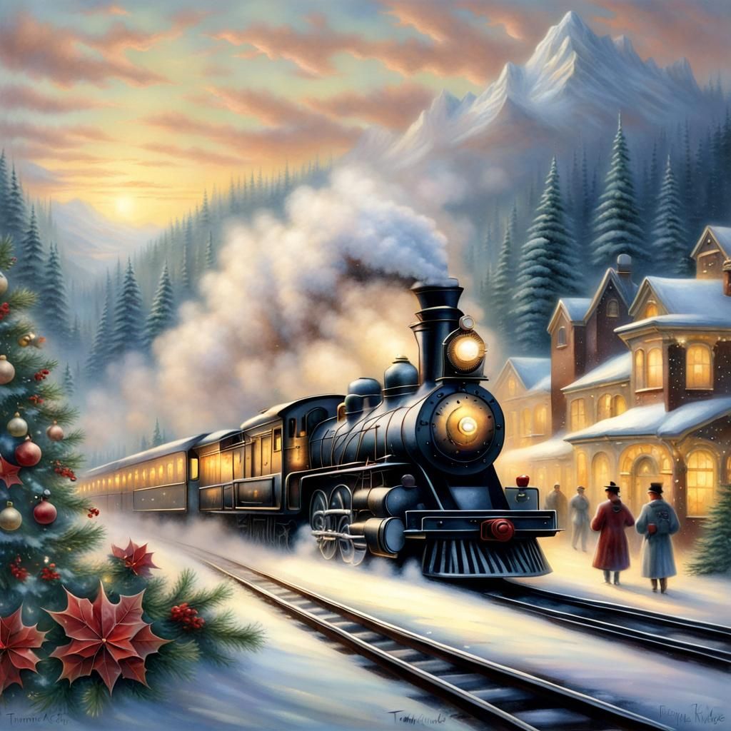Vintage Christmas Train in Misty Mountain Scene