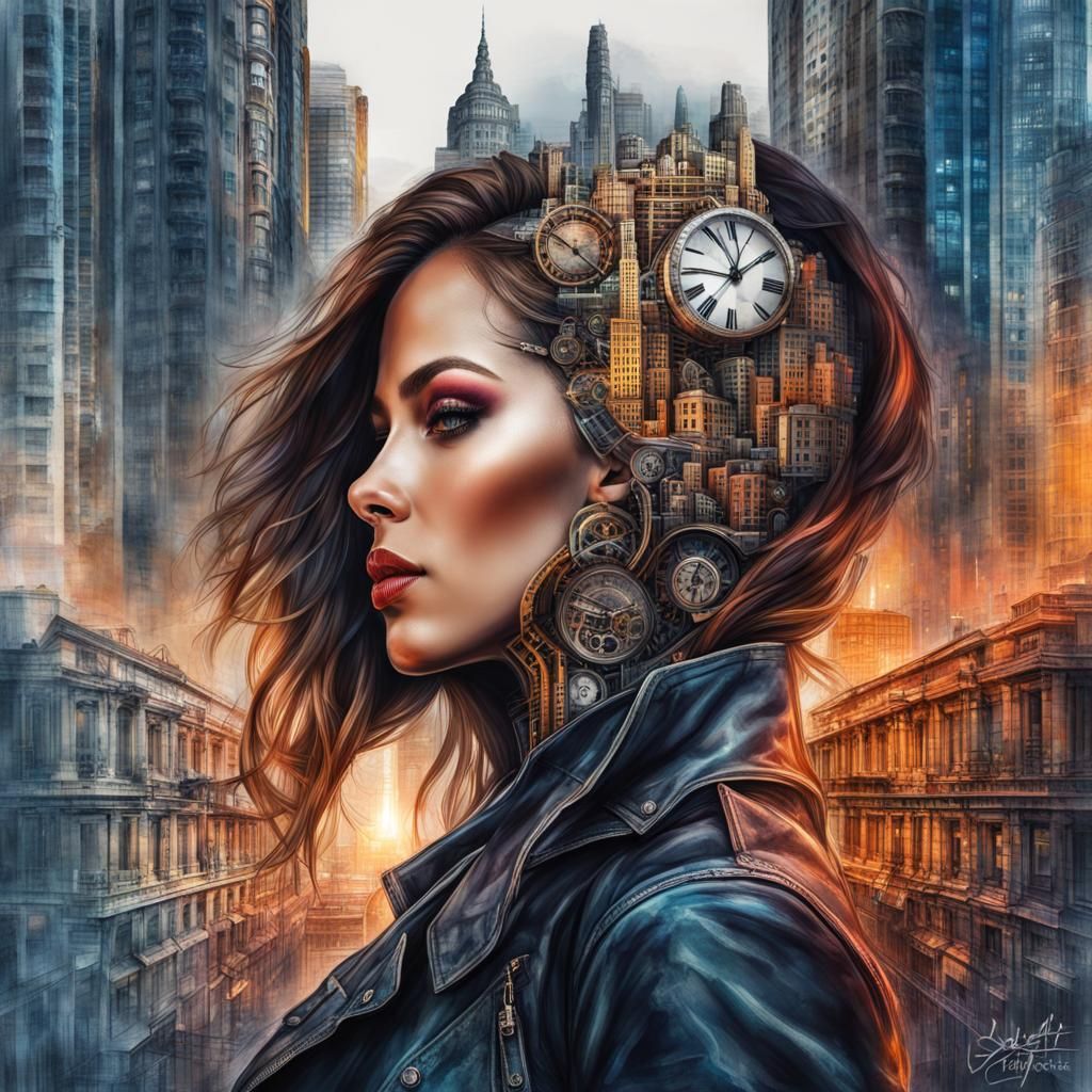Hyperrealistic Steampunk Cityscape Double Exposure