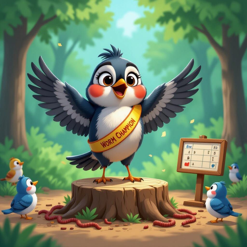 Cartoon Robin Celebrates Worm Eating Victory
