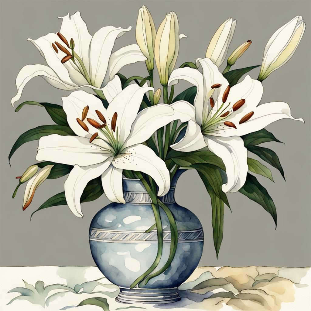 White Lilies in Art Deco Watercolor