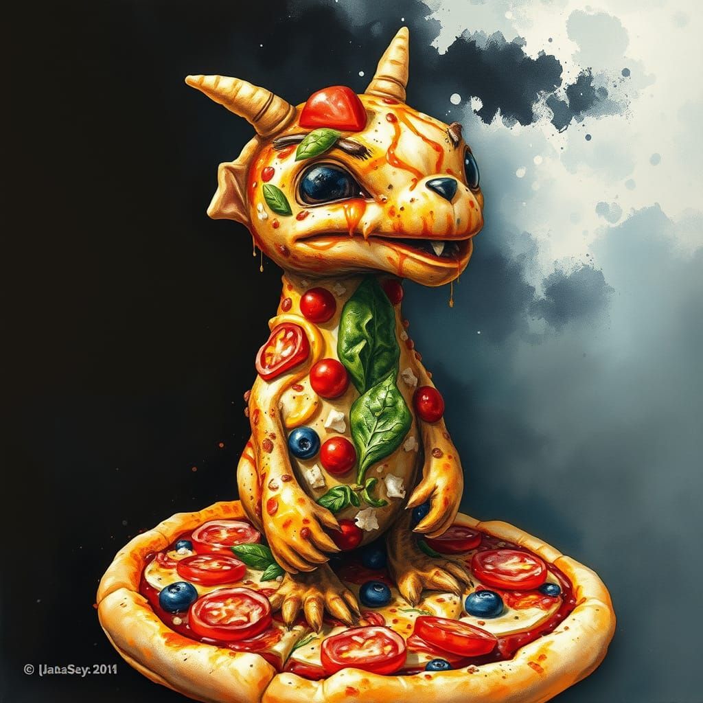 Pizza Topping Creature in Gouache Watercolor Style