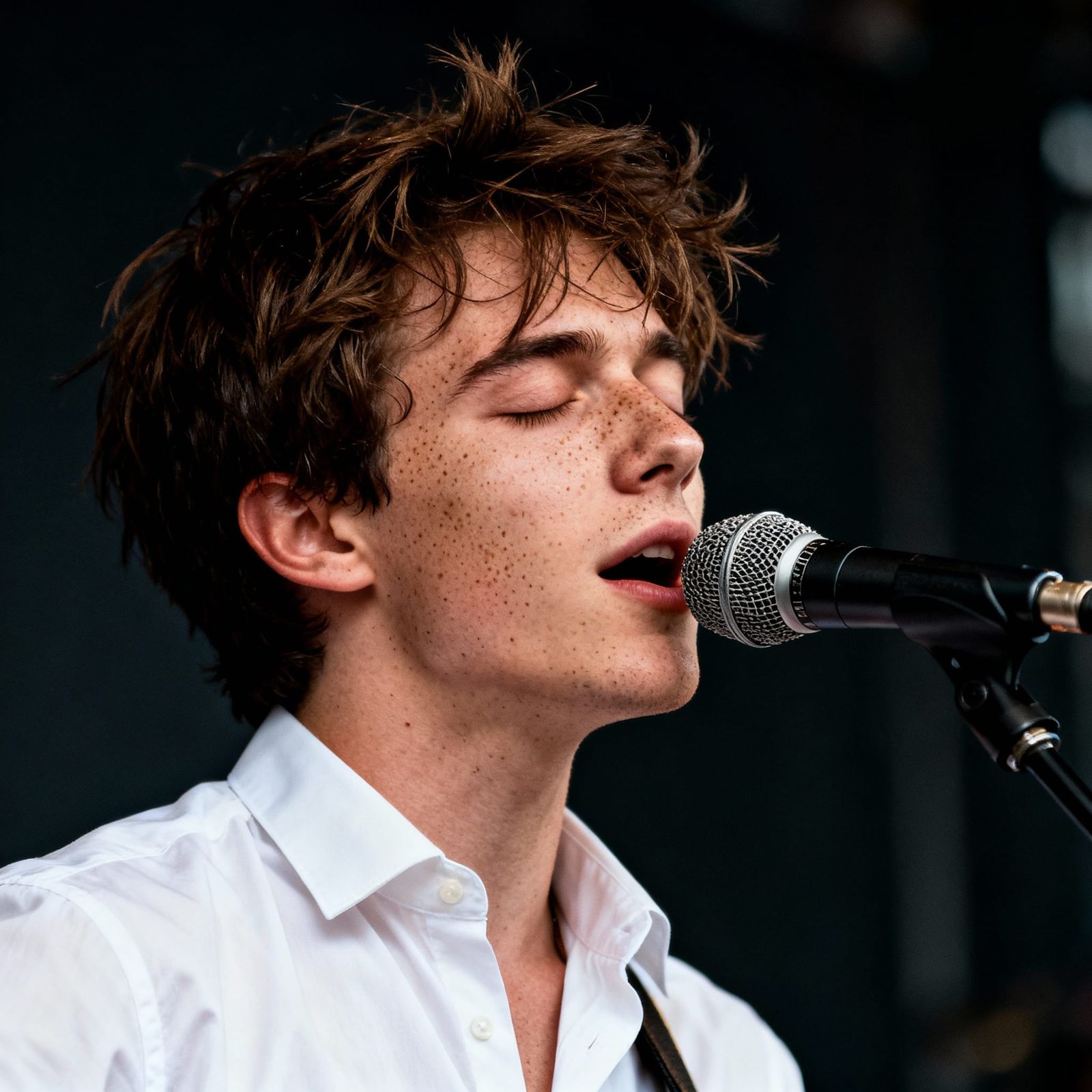 Young Man Sings Intently with Eyes Closed