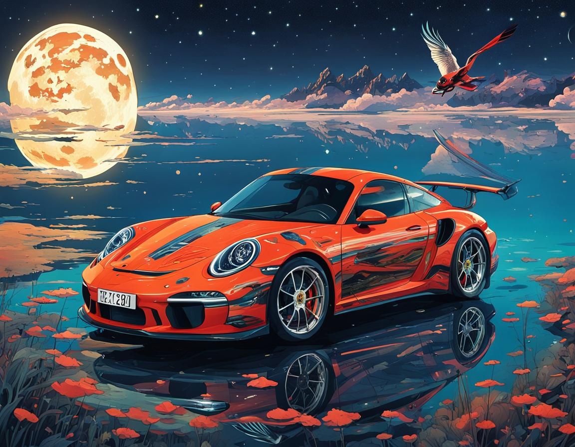 Porsche Supercar Soaring Over Eerie Moonlit Lake