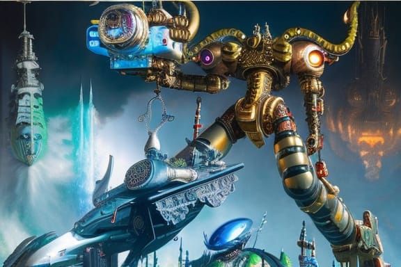 Fractal Mechanical Demon-Humanoid with Occult Weapon