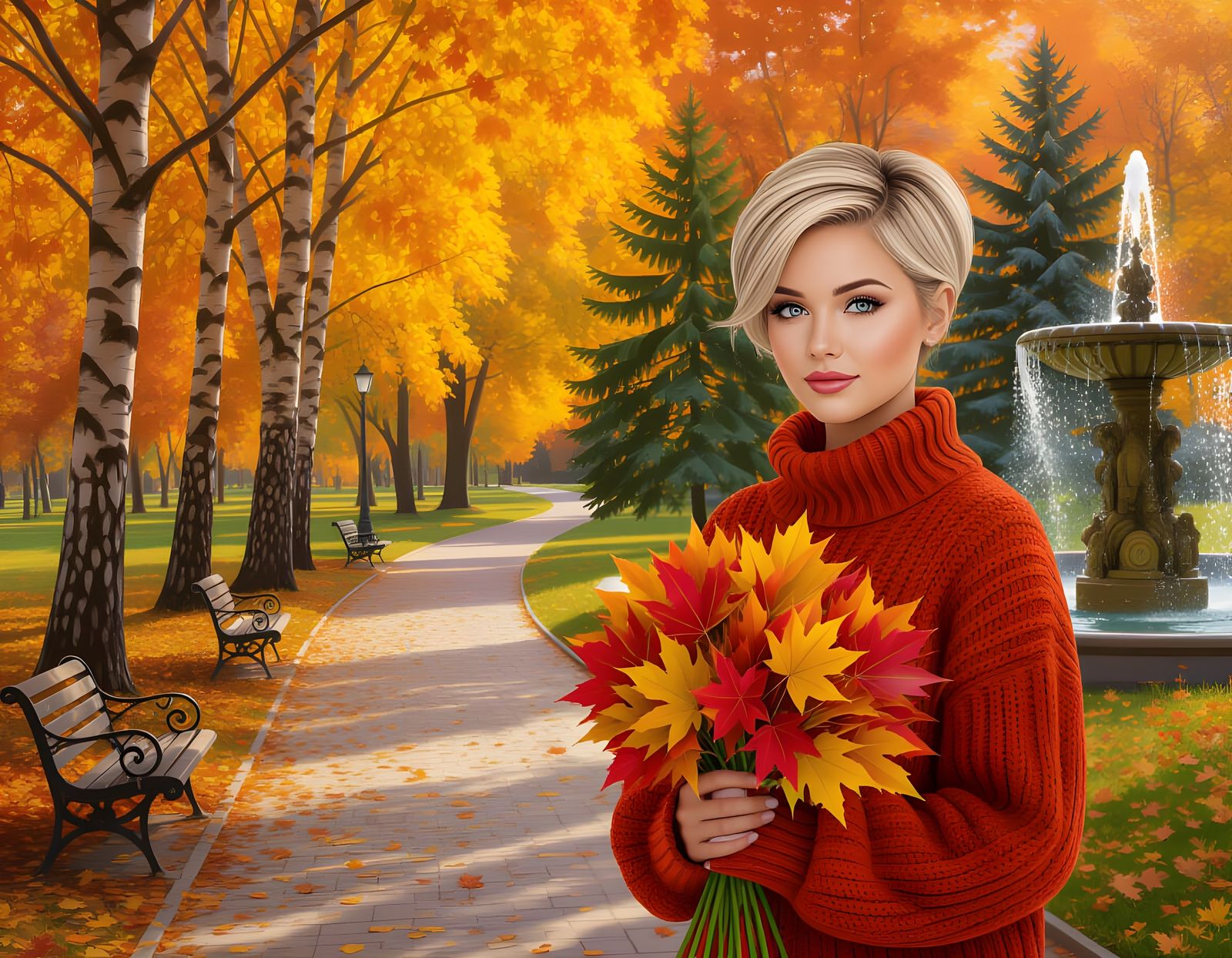 Autumn Park Scene with Girl and Fountain