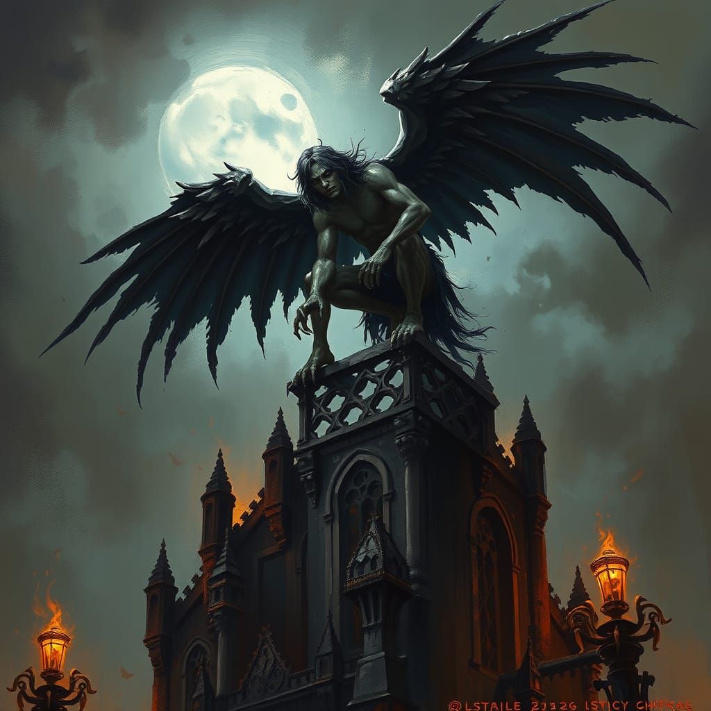 Majestic Fallen Angel Perched Amidst Gothic Ruins