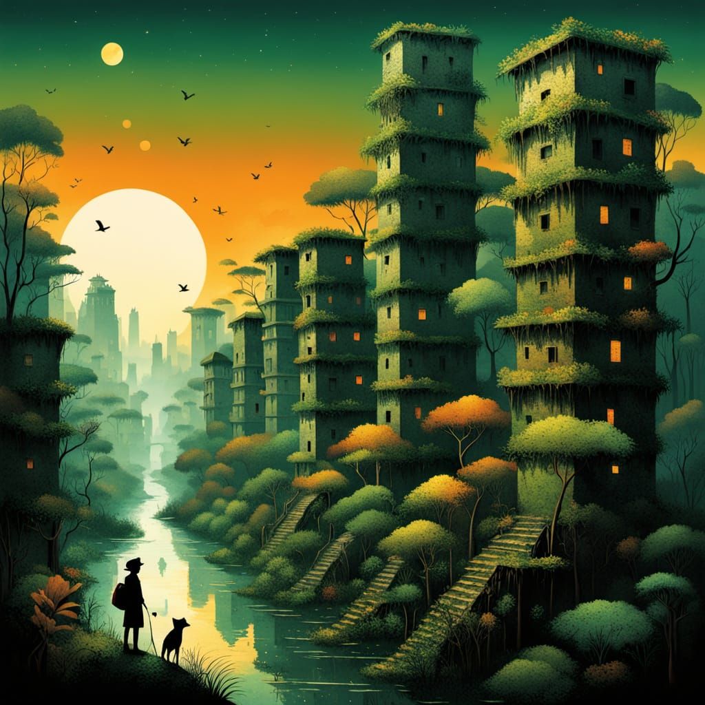 Art Deco Metropolis Lost in Amazon Jungle