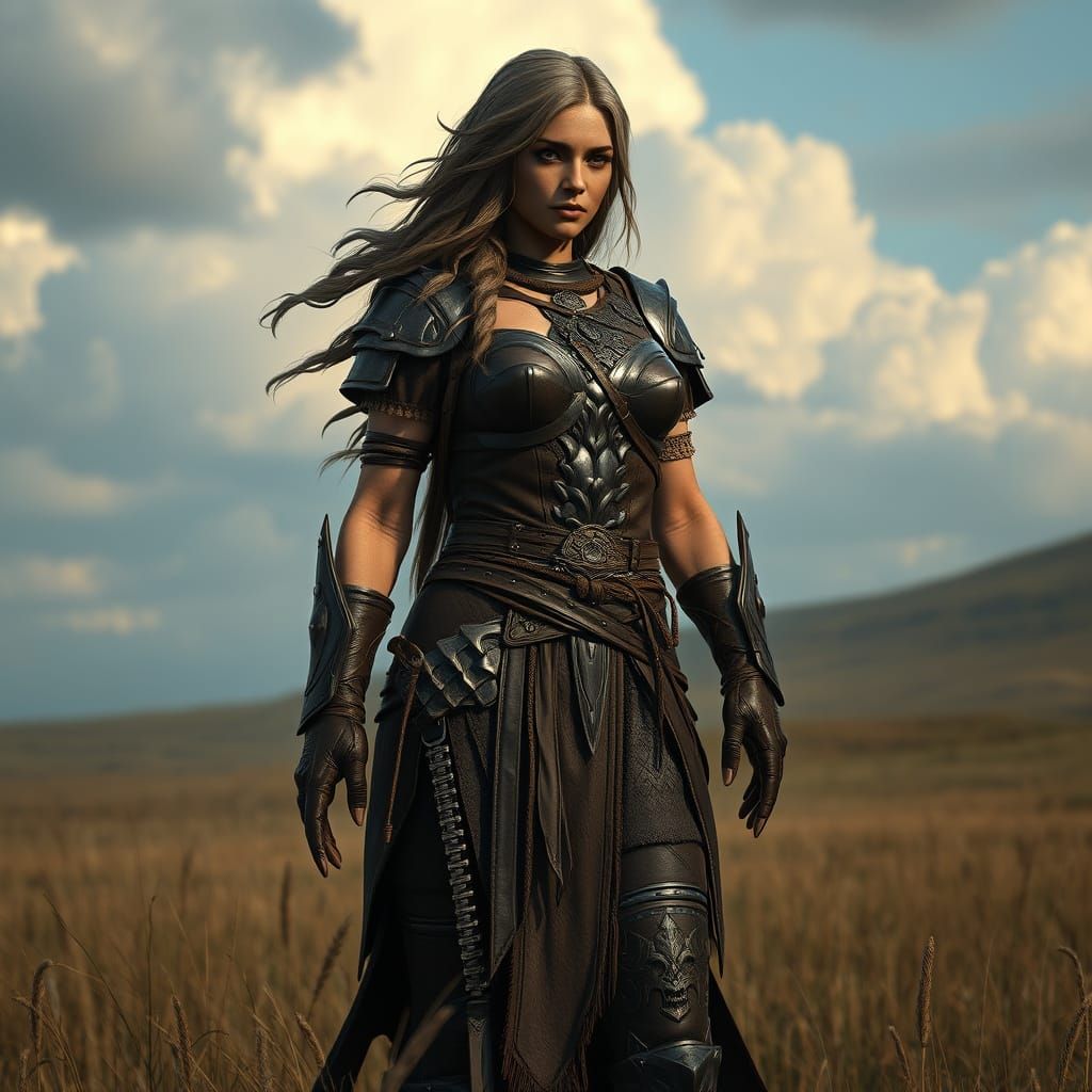 Giantess Druidess in Leather Armor Standing on a Fantastical...