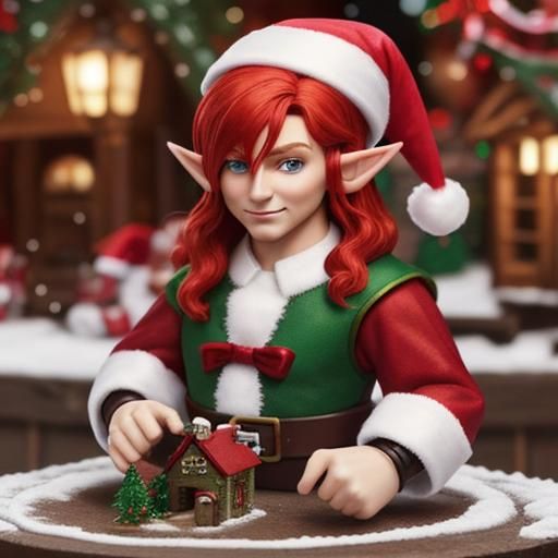 Festive Red-Haired Elf in Christmas Village