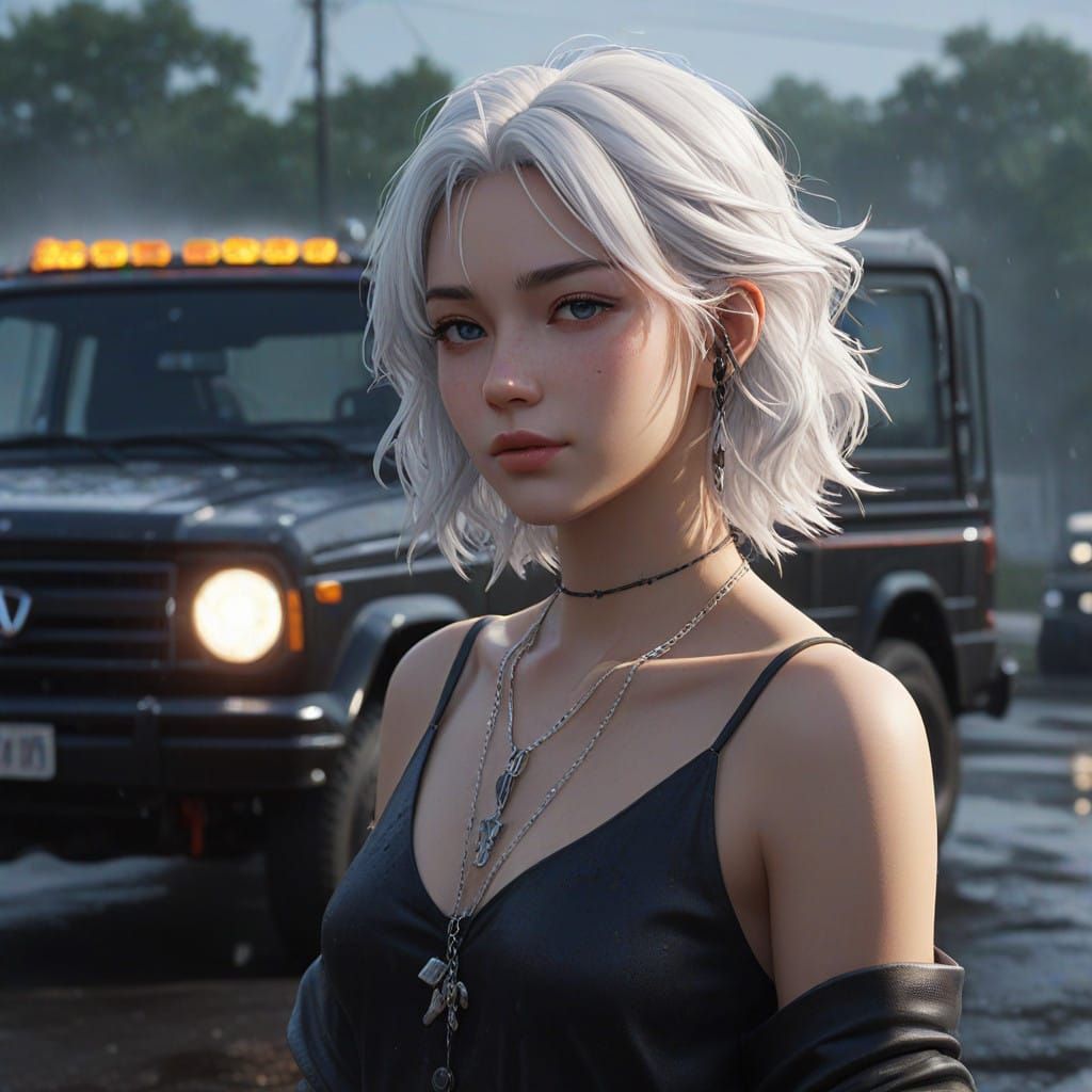 Serene Young Woman under Rainy Morning in Anime Style