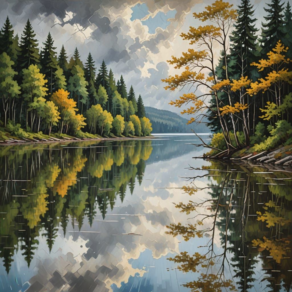 Misty Lake Shore in Harmonious Abstraction