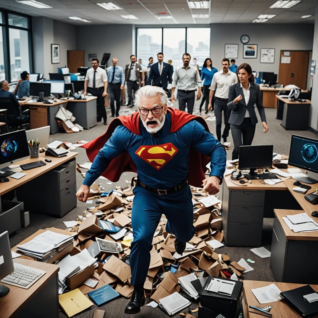 Chaotic Office Scene: Software Engineer Superhero Arrival