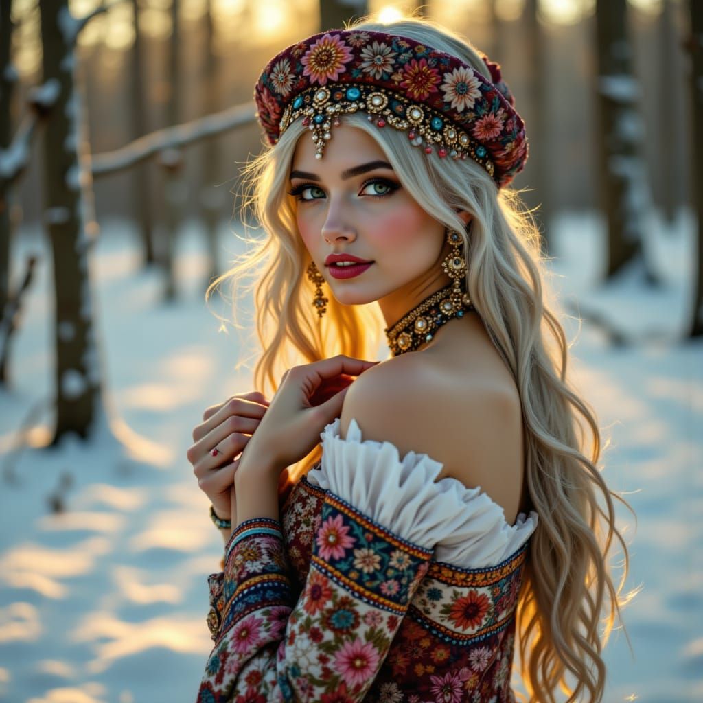 Traditional Russian Beauty in Snowy Forest