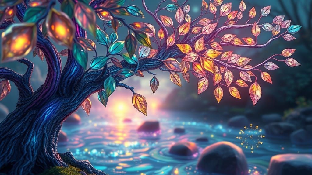 Surreal Tree of Glowing Crystal Glass in Vibrant Colors