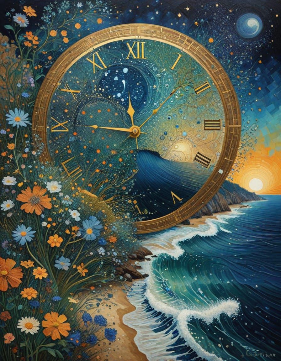 SEURAT COSMOS Coastline running action, dendritic minimalist  ATOMIC clock (Amanda Sage), mixed media Gustav Klimt Fauvi...