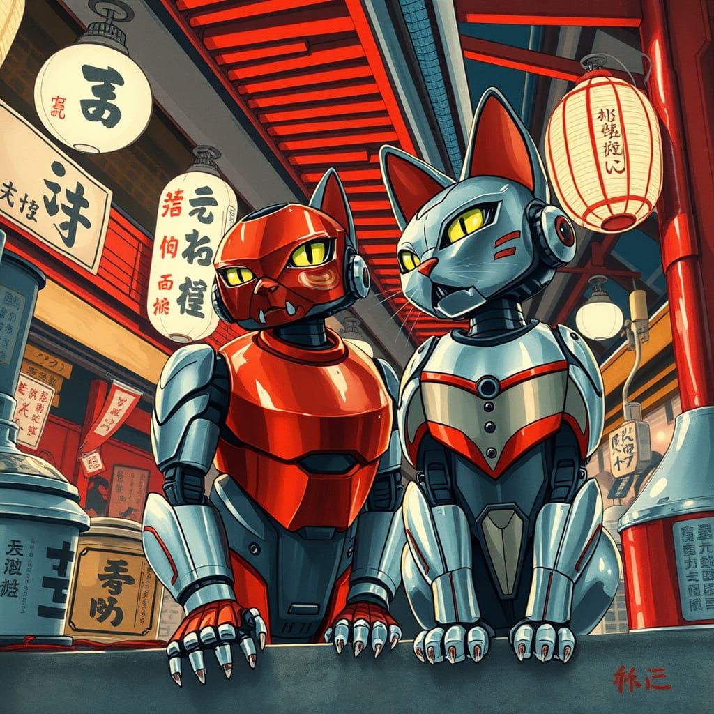 Robotic Cats in Traditional Japanese Market Scene