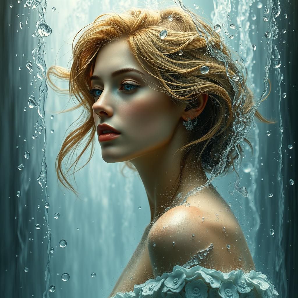 Ethereal Waterfall Woman Portrait in Digital Art Style