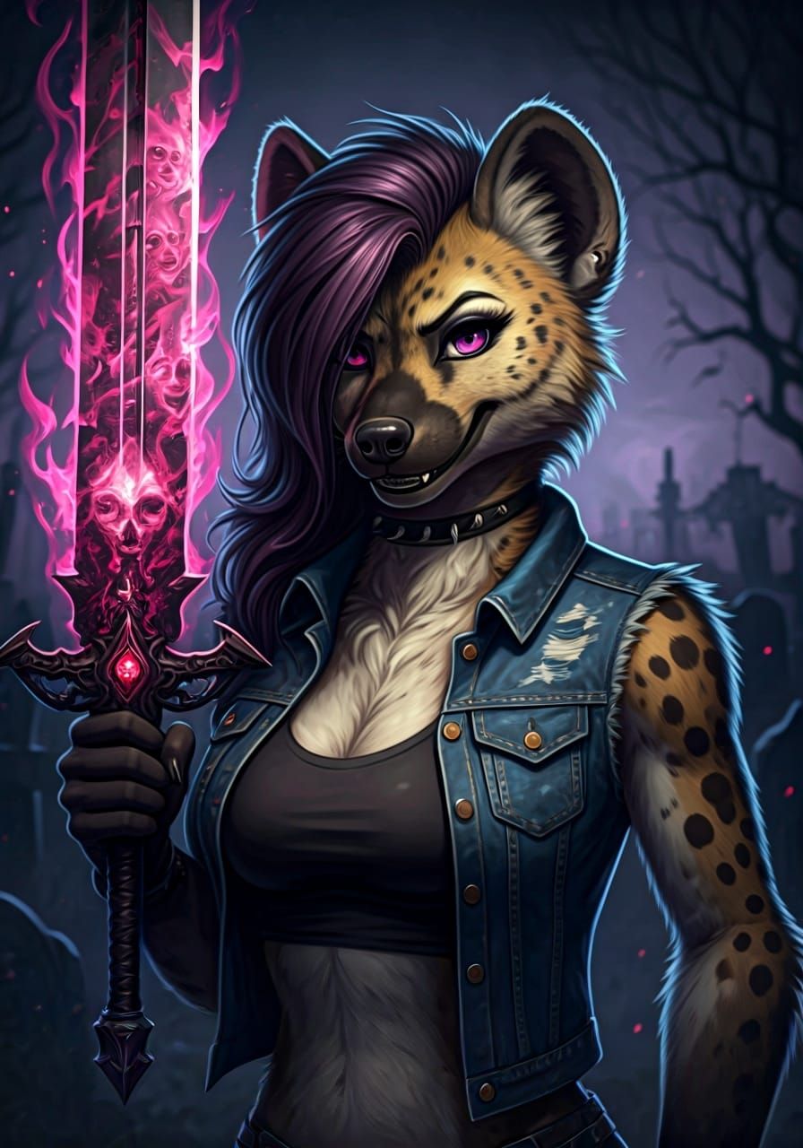 Furry Hyena Warrior with Flaming Claymore in Gothic Art Styl...