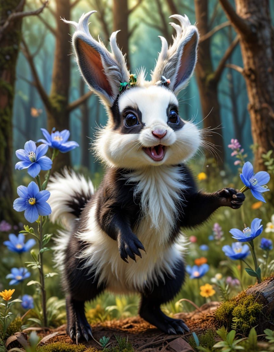 Cute Fuzzy Skunk-Jackalope with Duck in Magical Forest