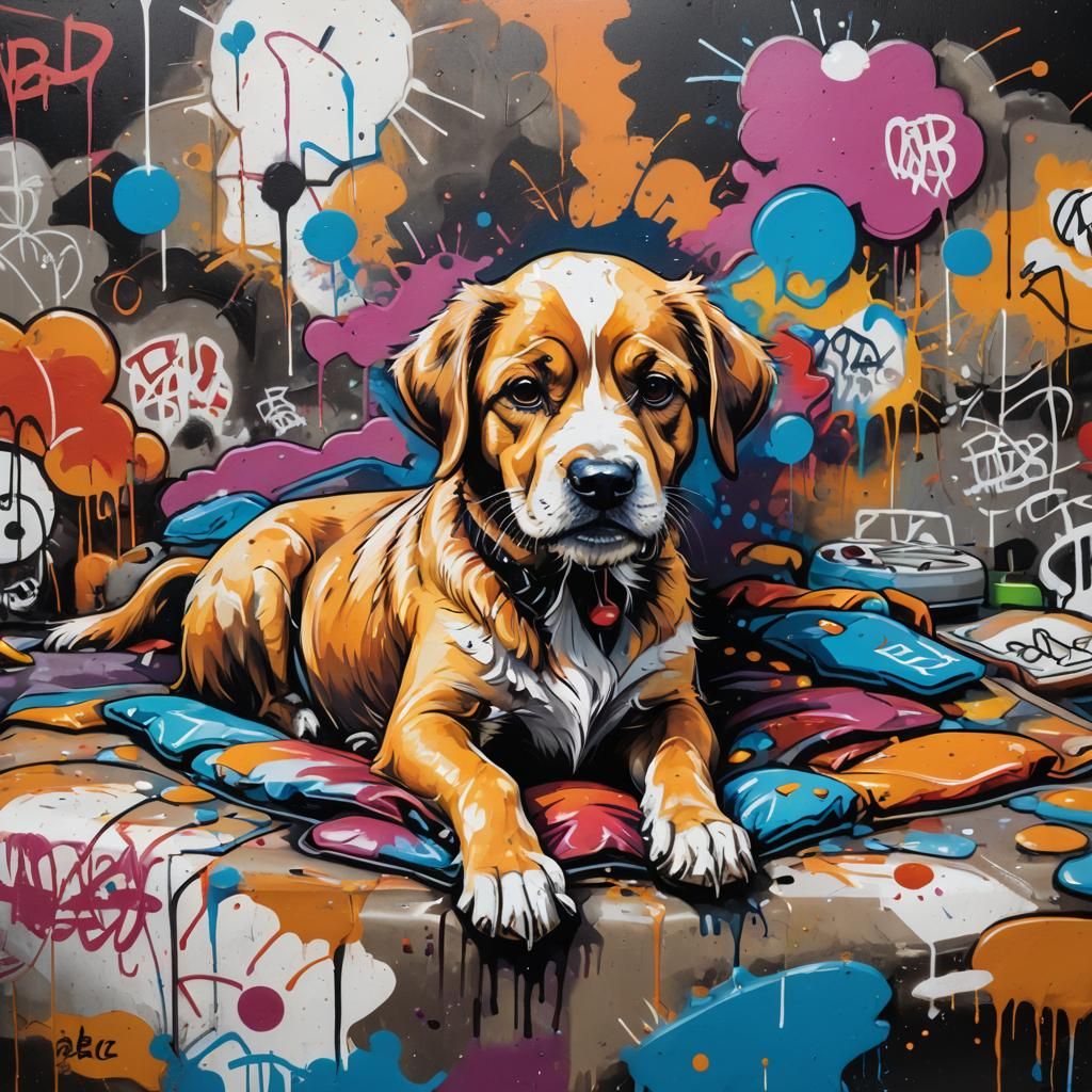 Dog on Bed in Graffiti Art Style