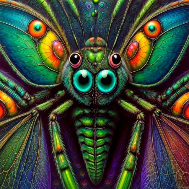 Psychedelic Giant Insect with Big Green Eyes