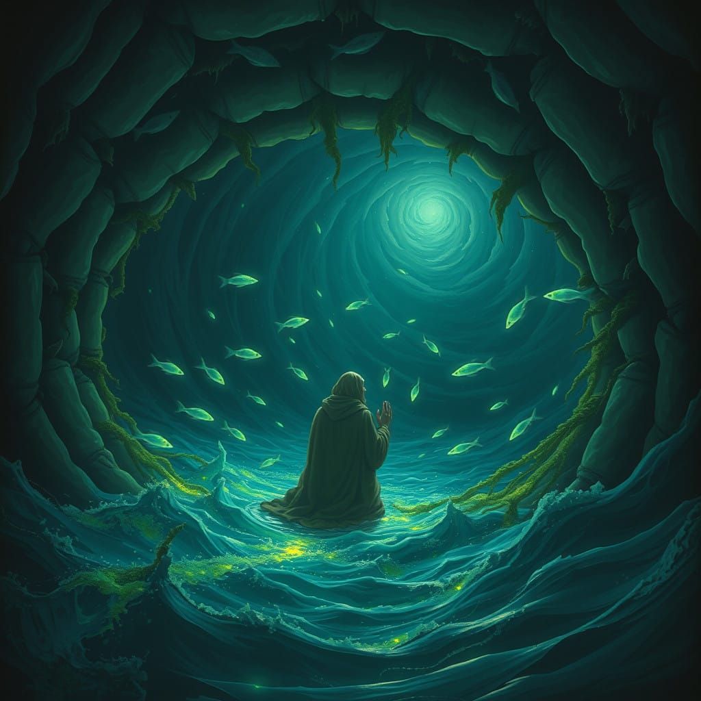 Prophet Jonah in Eerie, Bioluminescent Fish Belly