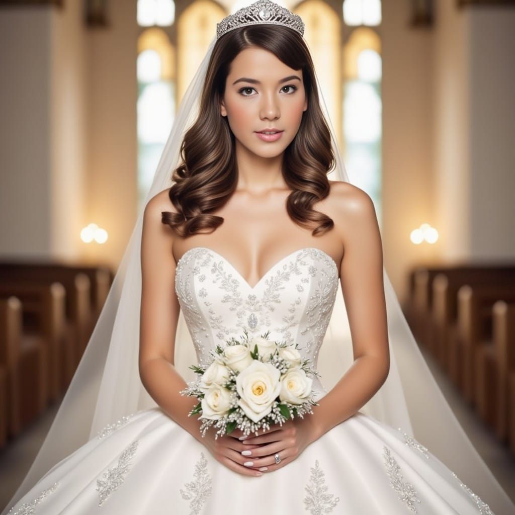 Elegant Bride in White Satin Tulle Wedding Gown