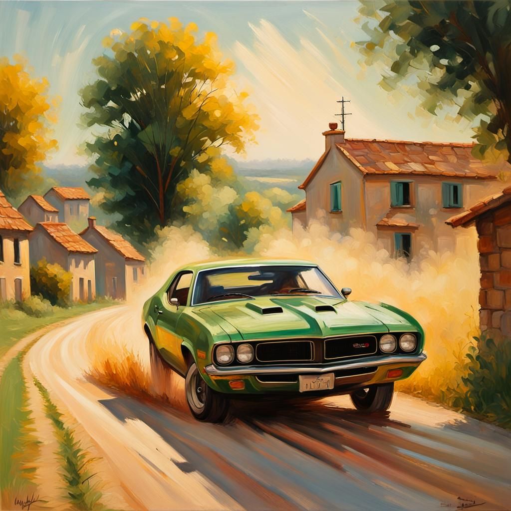 Muscle Car in Rural France: Impressionist Oil Painting