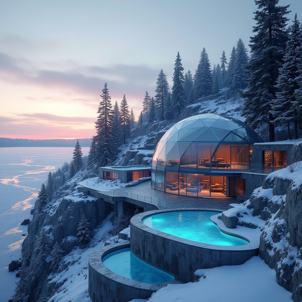 Futuristic Spa Complex Cascades Down Frozen Bay Hillside