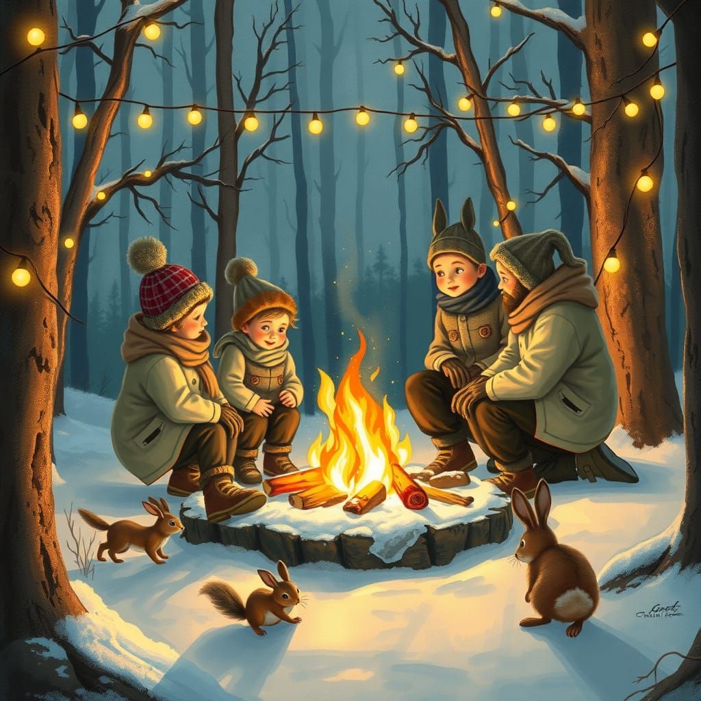Whimsical Winter Family Scene in Storybook Style