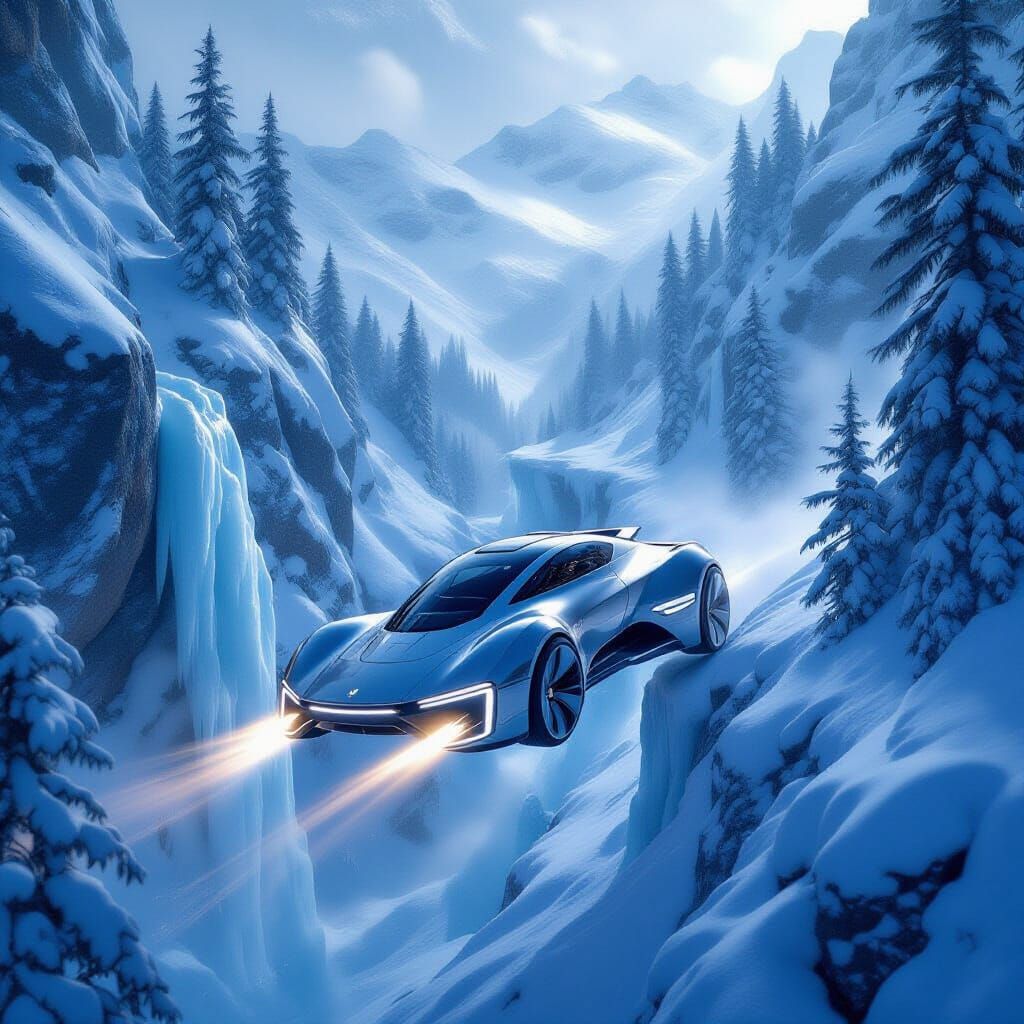 Futuristic Flying Car Navigates Snowy Mountain Pass