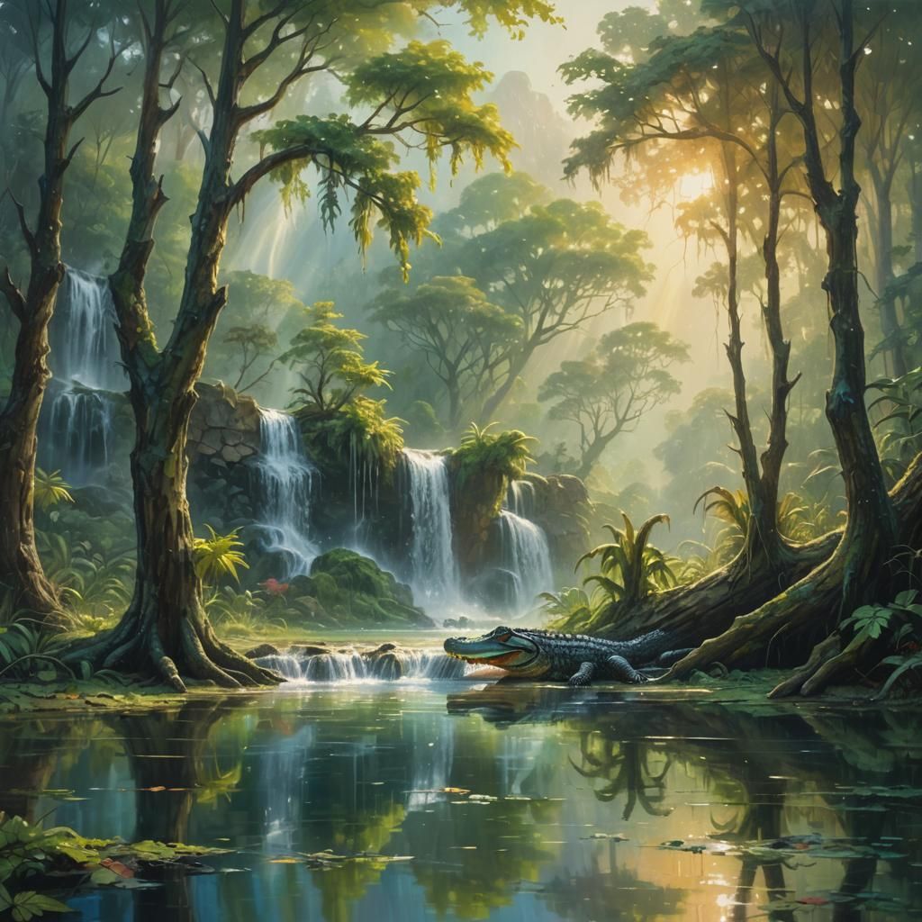 Alligator in Mystical Valley: Vibrant Oil Painting