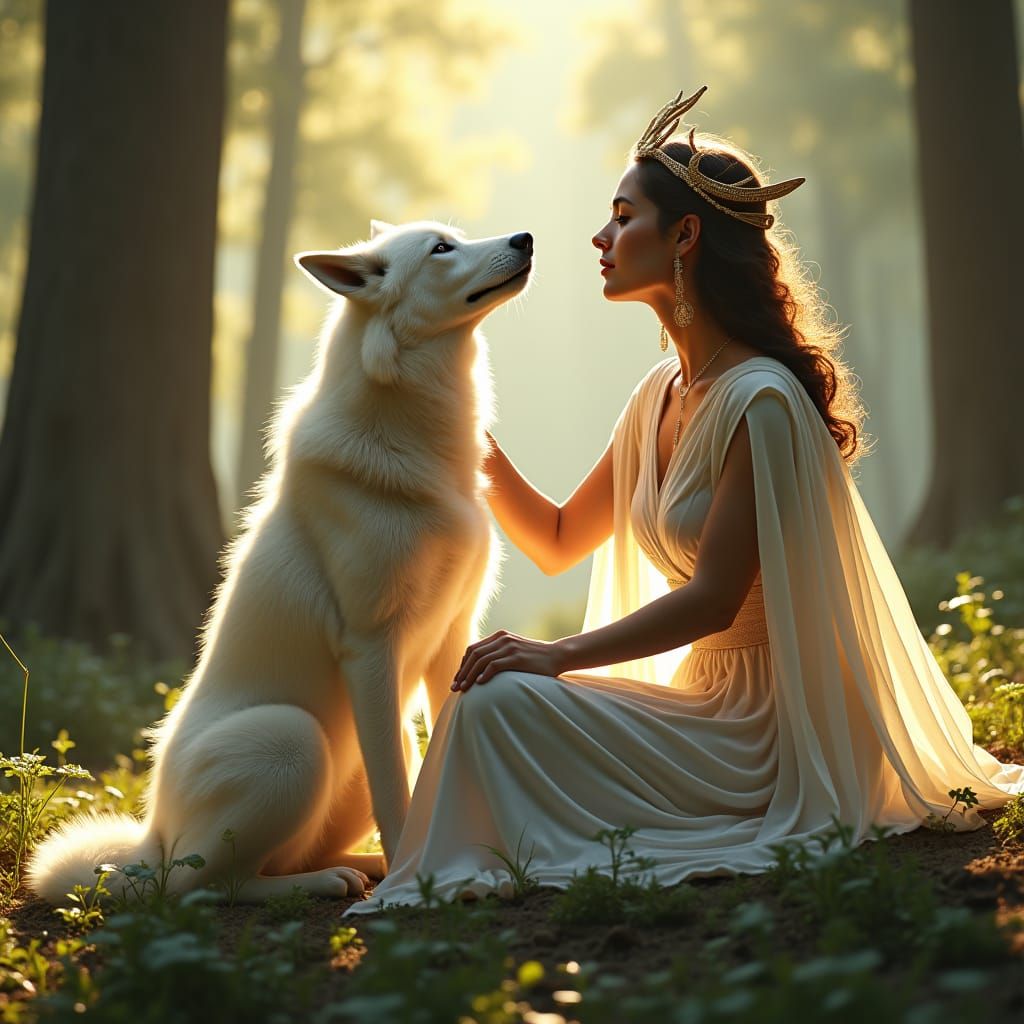 Artemis and White Wolf in Sun-Dappled Forest