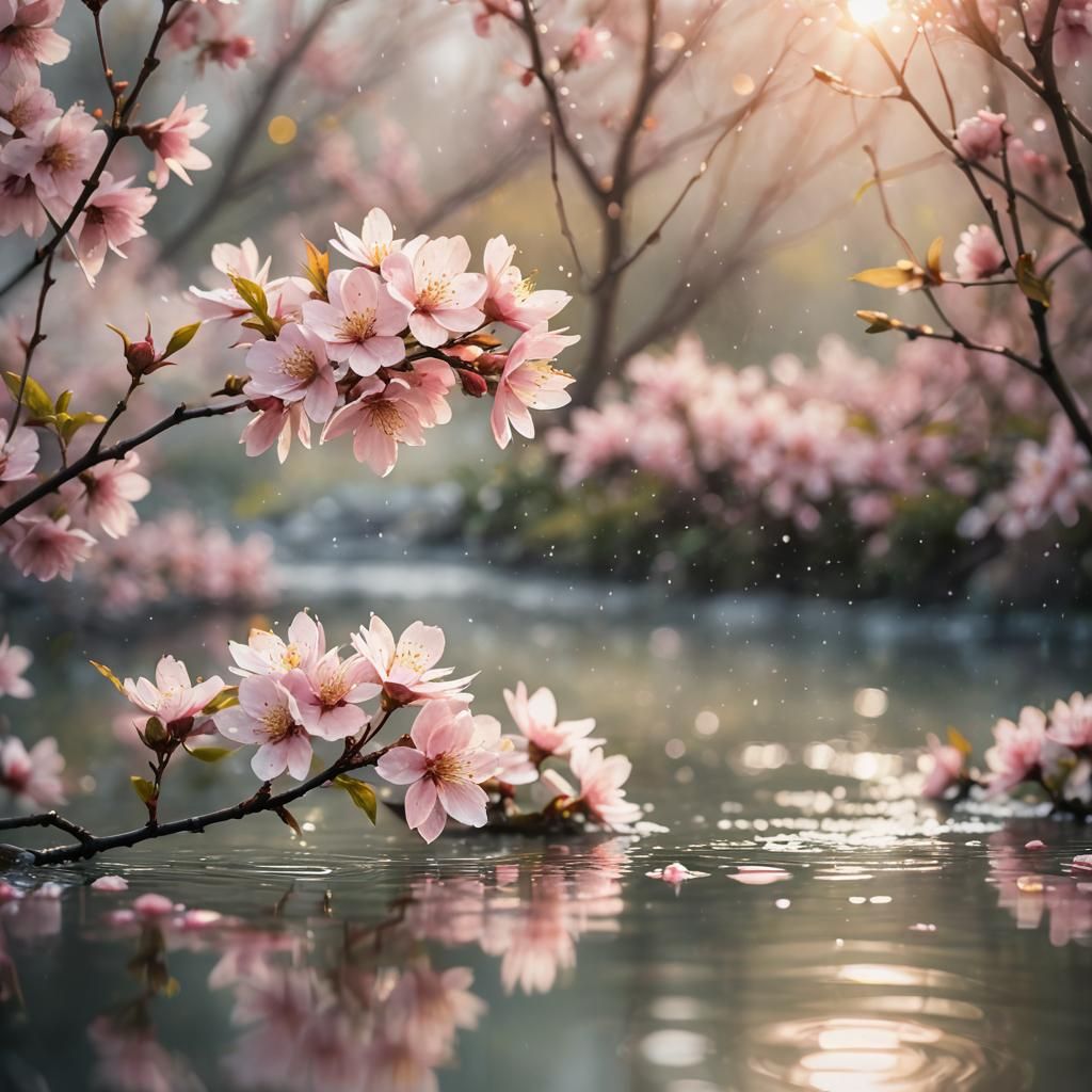 Sakura Flower in Misty Sunrise: Watercolor Style