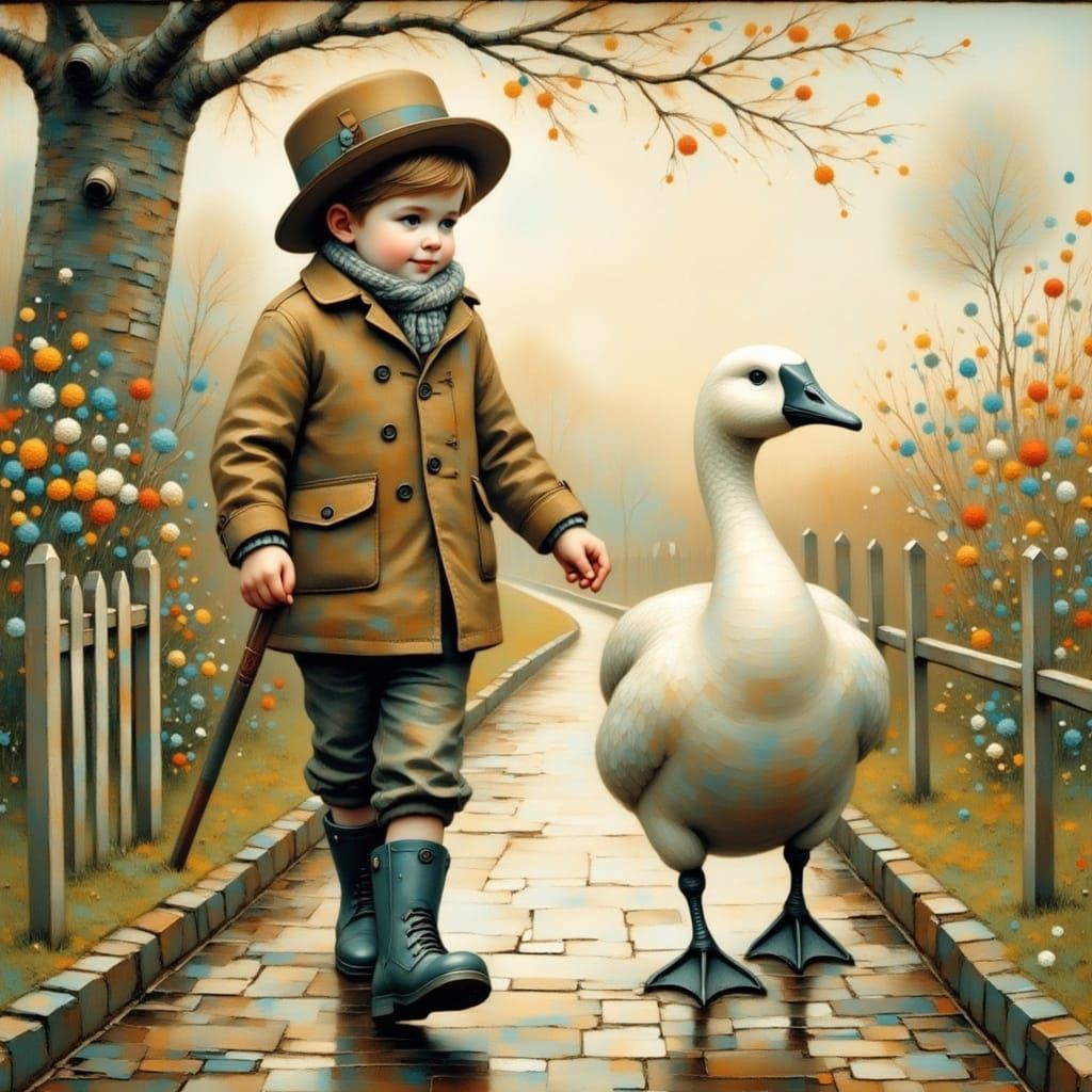 Vintage-Style Boy and Goose Walking Together