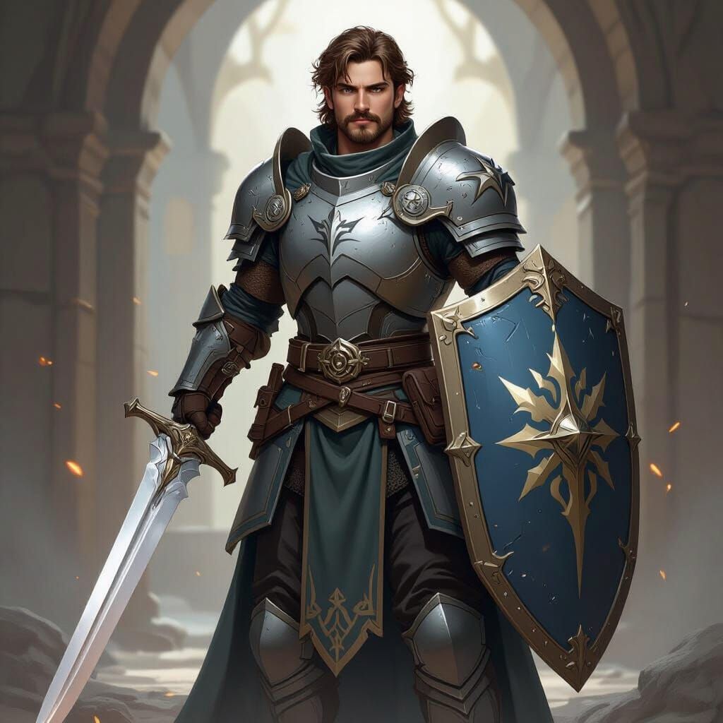 Young Paladin in Futuristic Armor with Longsword and Shield