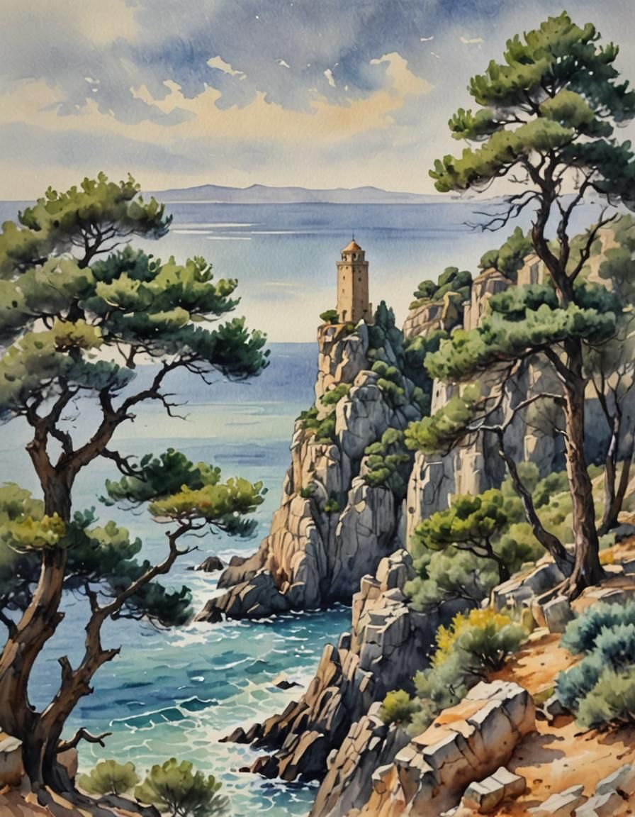 Adriatic Coast Wizard Tower in Watercolor