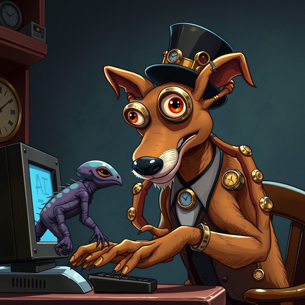 Steampunk Dog and Alien Monster in Jim Henson Style