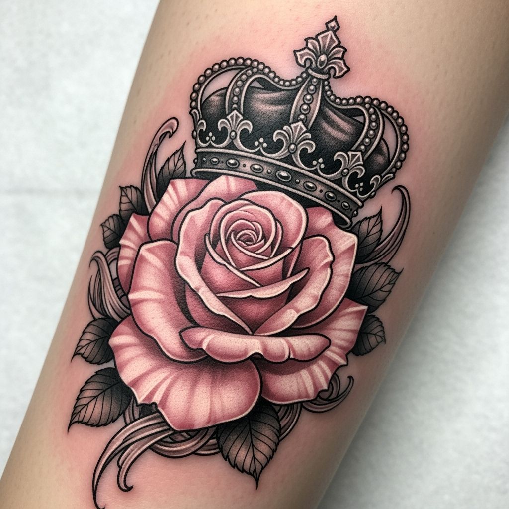 Pink Rose Tattoo with Black and White Crown