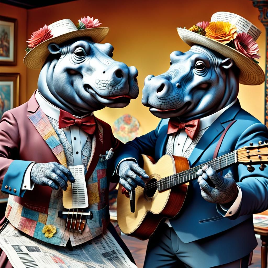 Dancing Hippos in Ephemeral Garments, 3D Illustration