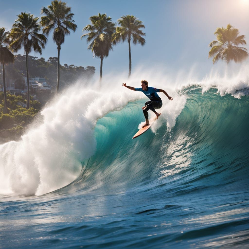 Dramatic Surfer Riding a Massive Wave in Tropical Paradise