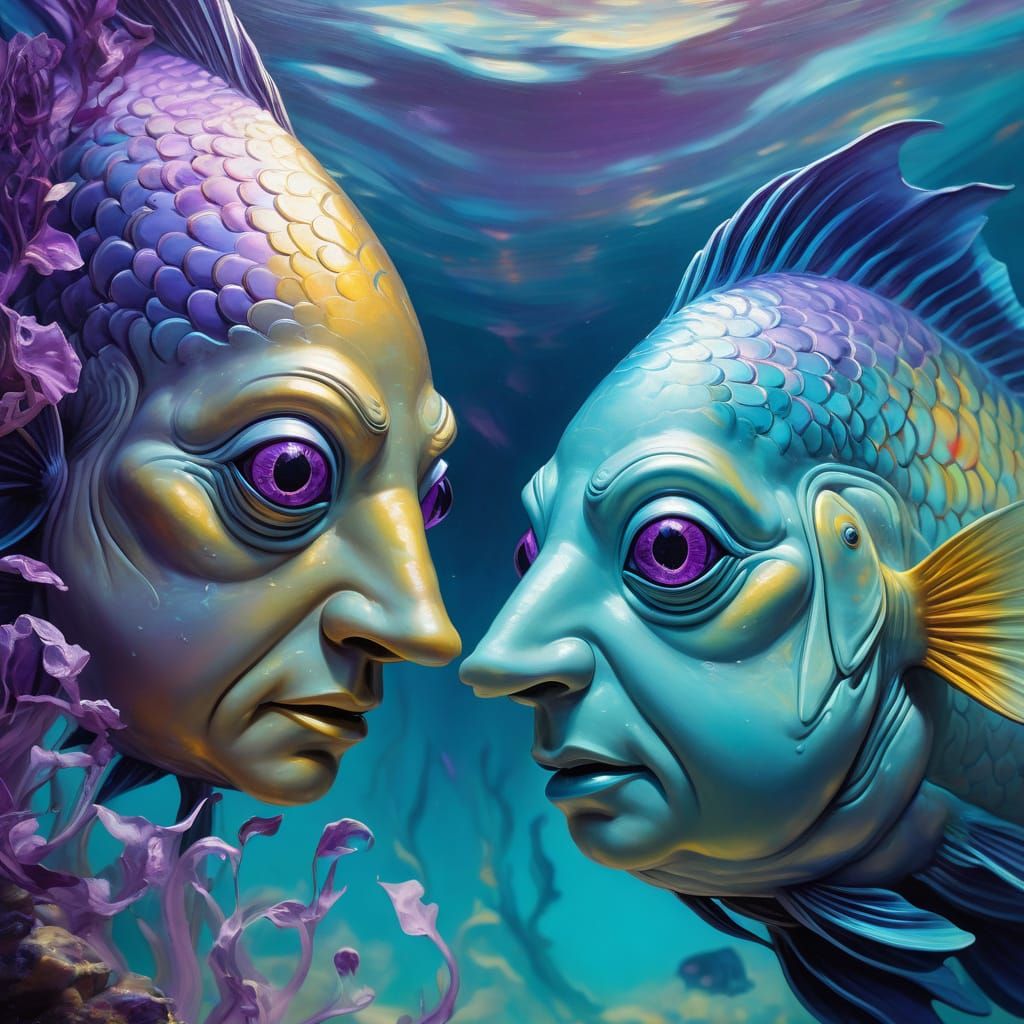 Surreal Underwater Encounter in Vibrant Oil Painting