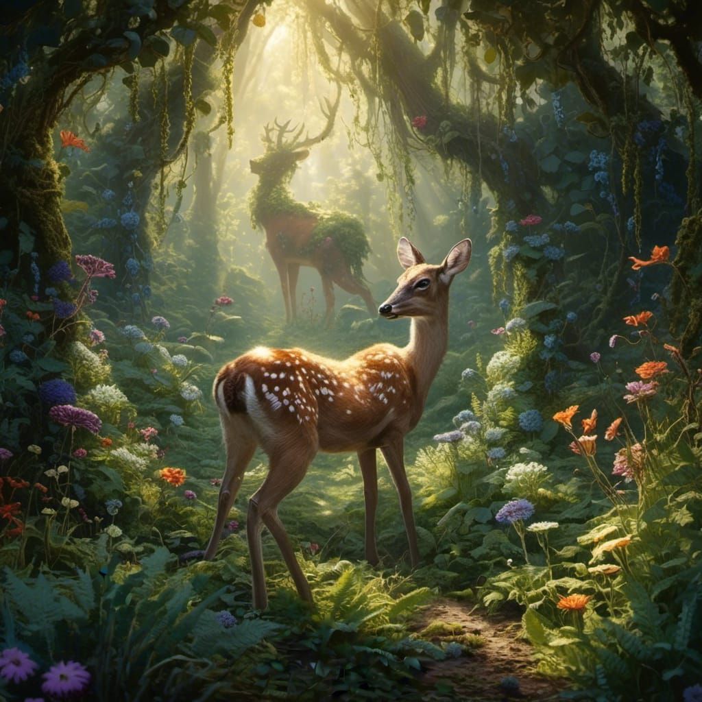 Sunlit Deer in Forest Glade with Crochet Effect