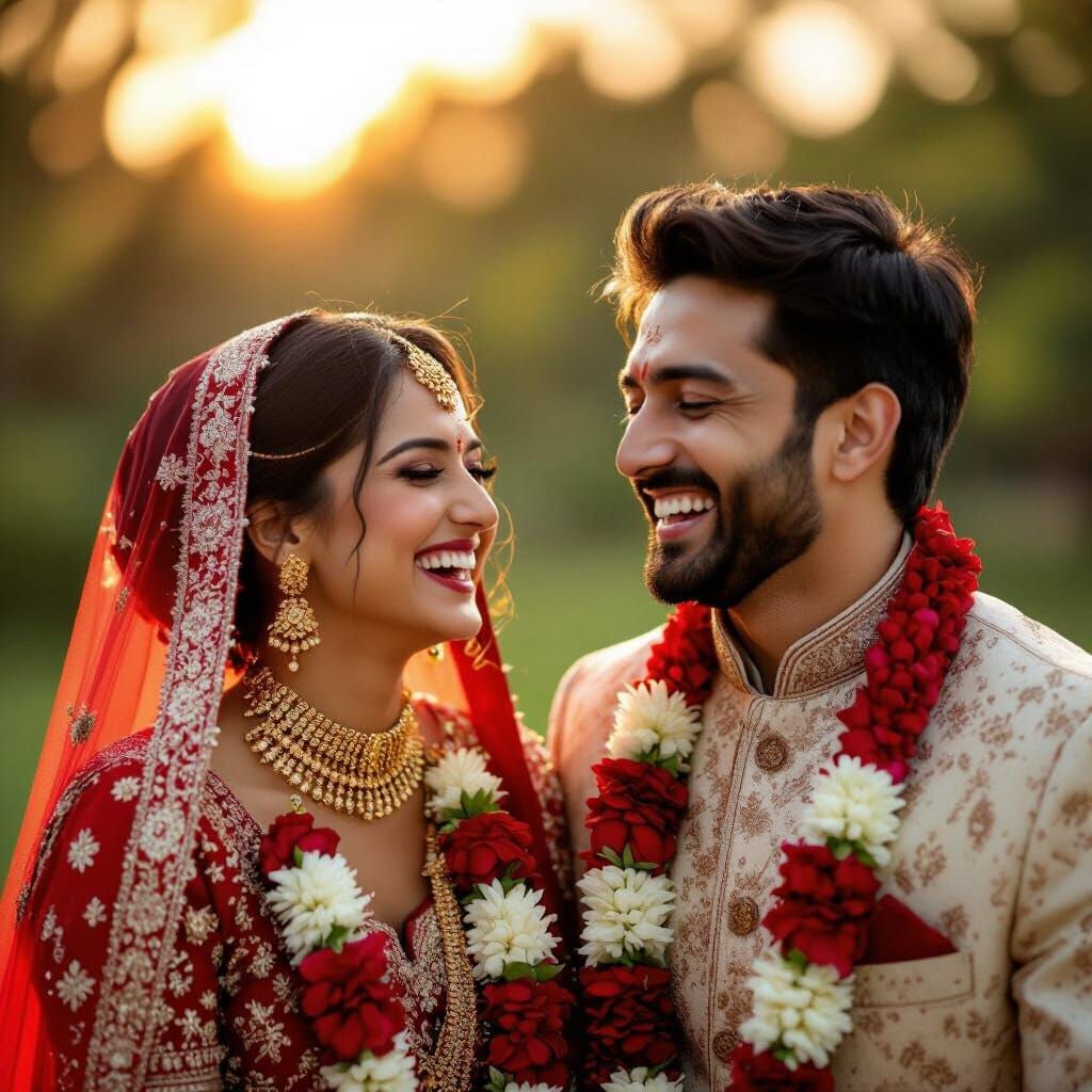 Joyful Indian Newlyweds Laughing in Golden Hour Light