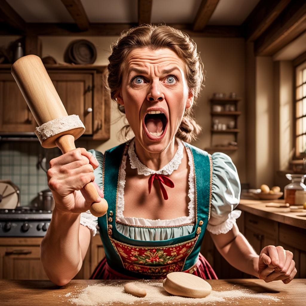 Angry Bavarian Housewife with Rolling Pin in Caricature Styl...